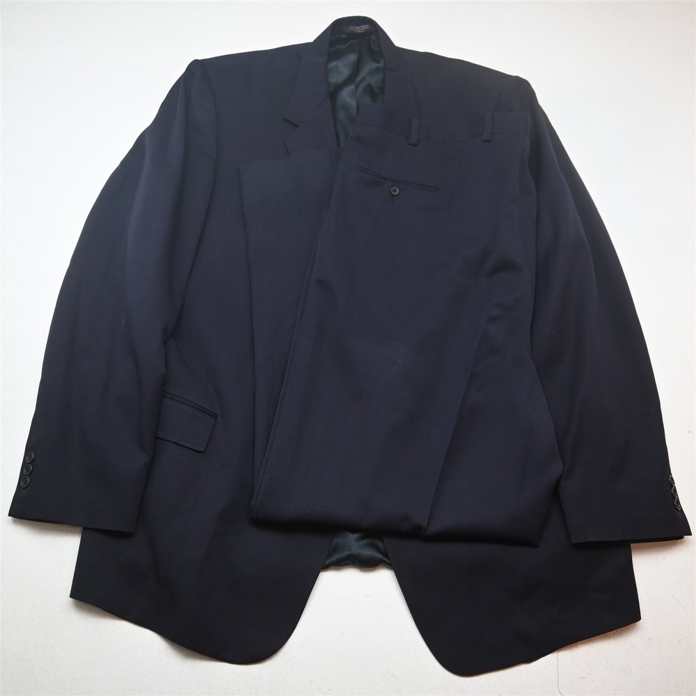 Vtg USA Made 54L 46x36 Navy Blue 100% Wool Mens Jacket Pants Suit